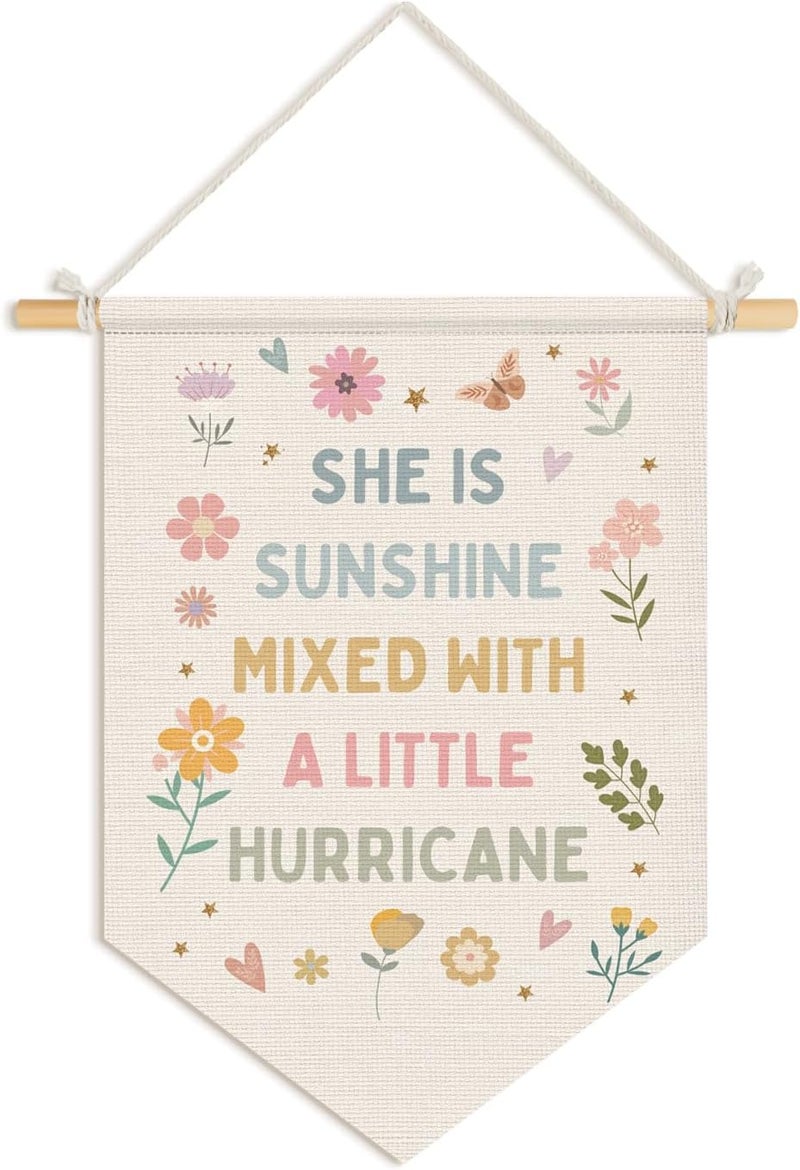 Wheatwin Baby Girl Nursery Decor, Girls Room Wall Hanging Pennant Flag Banner, Pastel Floral Wall Decor Gifts for Girls Toddler Room Playroom 15x11 Inch - Image 1